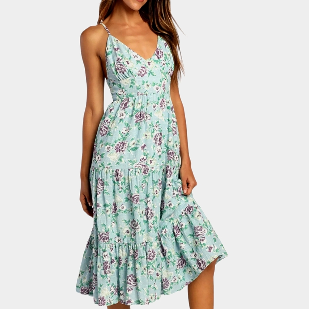 Lulu's Bliss Abound Bliss Baby Blue w/Purple Roses Ruffle Tiered Midi Dress